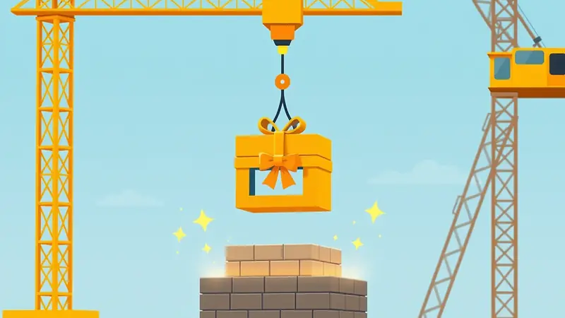Bonus per giocare a Tower Rush — la gru cala un piano a forma di pacco regalo sulla torre