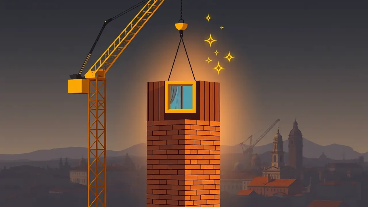 Tower Rush dall'Italia — la gru gialla e nera cala un piano esagonale sulla torre, tetti e campanile di una città italiana sullo sfondo