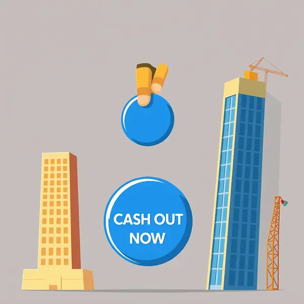 Cash Out su Tower Rush — mano guantata sopra un grande pulsante blu, torre bassa e sicura a sinistra, torre alta e inclinata a destra