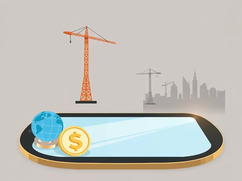 Il client di Tower Rush in italiano — tablet con la torre sullo schermo, icone di lingua e valuta accanto, skyline italiano sfumato