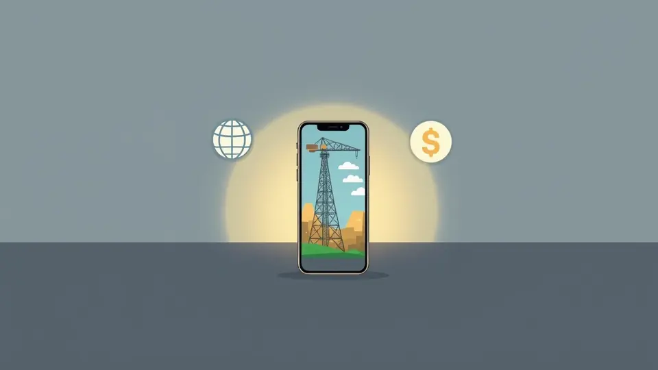 Come si gioca a Tower Rush dall'Italia — smartphone con la torre sullo schermo, icone di lingua, valuta e play attorno