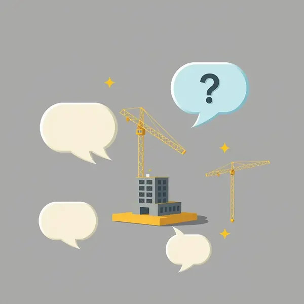 Domande dei giocatori italiani su Tower Rush — nuvolette di dialogo vuote attorno a un modellino della torre