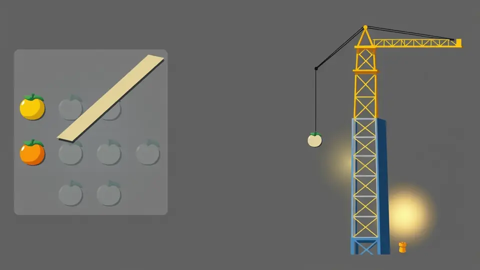 Tower Rush non è una slot: griglia a rulli sbiadita a sinistra, gru e torre attive e luminose a destra