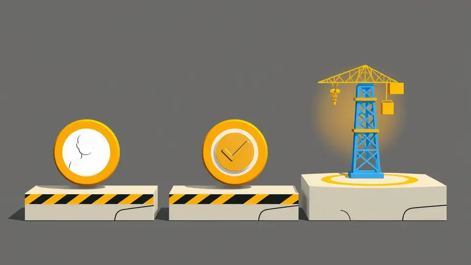 Registrazione per giocare a Tower Rush — tre tessere collegate da un nastro da cantiere: profilo, verifica, torre di gioco
