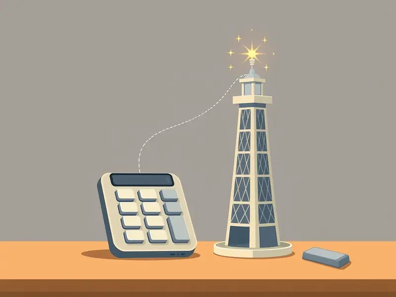 Requisiti di puntata su Tower Rush — calcolatrice piatta collegata da una linea tratteggiata alla cima della torre