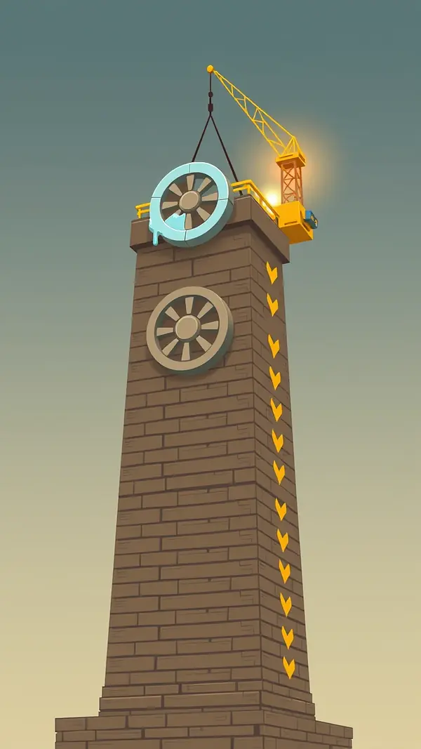 Tower Rush: la gru gialla e nera cala un piano esagonale sulla torre, scheda tecnica in 60 secondi